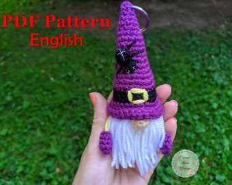 Halloween gnome crochet pattern in English, keychain crochet pattern, amigurumi gnome, small gnome crochet, amigurumi keychain pattern