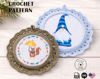 Cadre rond au crochet, motif anglais, cadre photo au crochet, décoration murale au crochet, cadres à suspendre, cadre photo au crochet