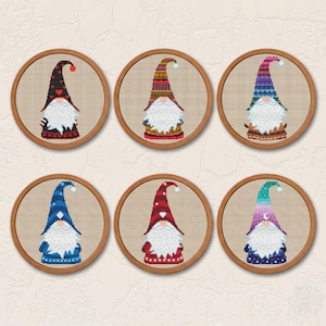 Gnome Cross Stitch Pattern Bundle: 6 Modern Needlepoint Designs, Easy Xstitch PDF Chart, All Seasons Holiday Embroidery