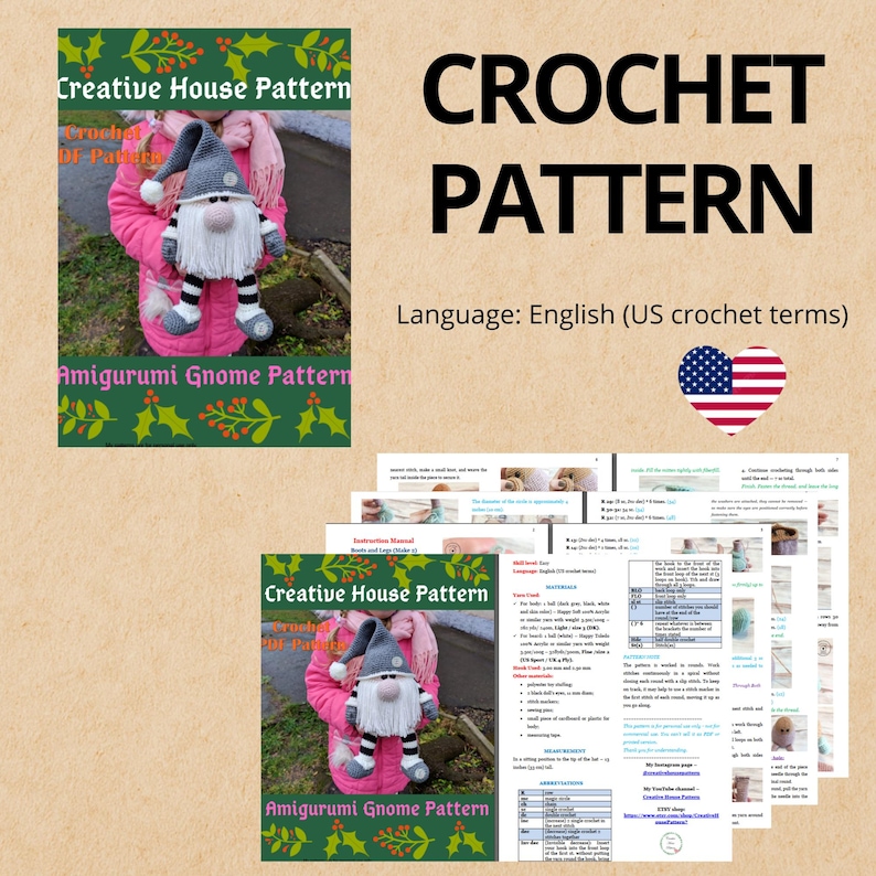 May include: A crochet pattern with the text "CROCHET PATTERN" and "Amigurumi Gnome Pattern." The pattern includes instructions and images. The cover features a gnome doll with a gray hat, white beard, and striped legs. The language is English (US crochet terms).
