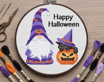 Modèle de point de croix nain d'Halloween : chat noir et citrouille (téléchargement PDF)
