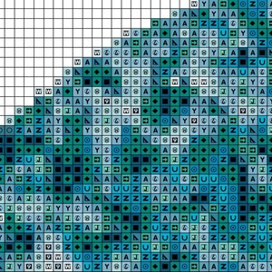 May include: A pixel art design of a blue wave with shades of teal and green. The wave is made up of small squares, each with a different color.