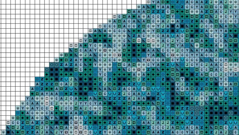 May include: A pixel art design of a blue wave with shades of teal and green. The wave is made up of small squares, each with a different color.