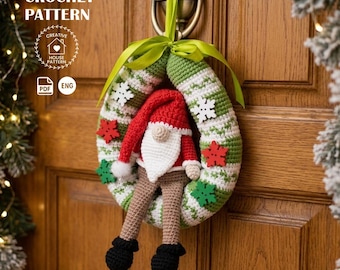 Virkmönster för jultomtekrans – Amigurumi-tomtedekoration, juldörrkrans PDF-mönster på engelska