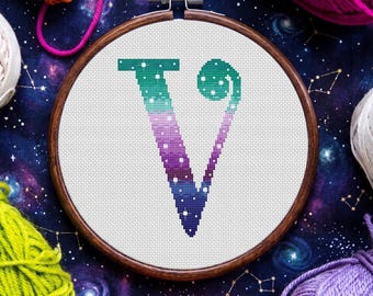 Cosmic Letter V Cross Stitch Pattern, Starry Space Alphabet PDF Chart