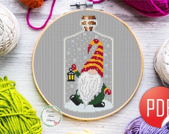 Christmas gnome cross stitch pattern, bottle cross stitch, winter embroidery, jar cross stitch, christmas ornaments, instant download PDF