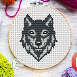 Wolf cross stitch pattern, easy cross stitch, small cross stitch, animal cross stitch, black white cross stitch, simple cross stitch pattern image 1
