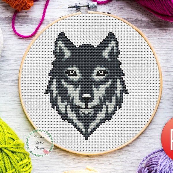 Wolf cross stitch pattern, easy cross stitch, small cross stitch, animal cross stitch, black white cross stitch, simple cross stitch pattern