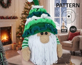 May include: A crochet gnome doll featuring a tall, layered green and white hat with a white pom-pom, a tan nose, and a long white yarn beard. The gnome has tan mittens and green and white striped sleeves. Text reads KNITTING PATTERN.