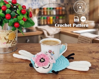 Crochet Dragonfly Coaster Pattern, Flower Mug Rug PDF, Amigurumi Drink Coaster, Cottagecore Table Decor, Easy Coffee Mat Tutorial