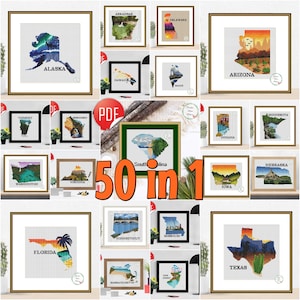 Puede incluir: Colección de arte de punto de cruz enmarcados con mapas de estados, incluyendo Alaska, Arizona y Florida. Cada pieza muestra un paisaje y una paleta de colores únicos, con el nombre del estado. Presentado con un gráfico "50 en 1".