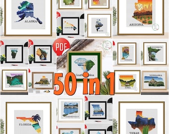 May include: A collection of 50 cross-stitch patterns featuring individual U.S. state maps, each filled with colorful landscape illustrations and state names. The digital PDF set includes diverse scenes like deserts, forests, and coastlines.