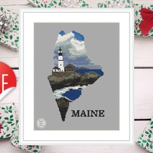 Maine State Cross Stitch Pattern – Coastal, Sea, and Lighthouse Design, Nature counted cross stitch, Modern landscape embroidery