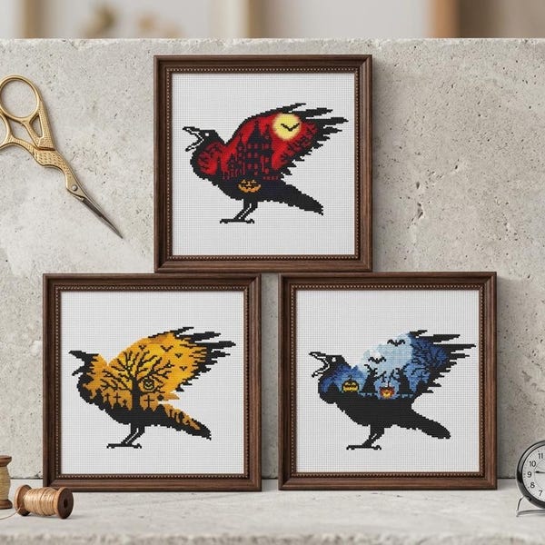 Crow Cross Stitch Pattern Bundle, Set of 3 Gothic Raven Designs for Spooky Home Decor, Instant Download PDF