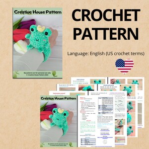 Peut inclure: Un document de mod&egrave;le de crochet intitul&eacute; Creative House Pattern pr&eacute;sentant une grenouille en peluche vert clair avec une couronne jaune, des yeux noirs et des joues roses. Le document inclut des instructions, des sch&eacute;mas et des photos.