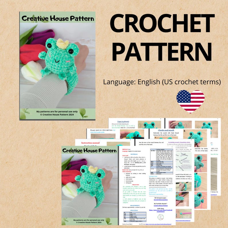Peut inclure: Un document de mod&egrave;le de crochet intitul&eacute; Creative House Pattern pr&eacute;sentant une grenouille en peluche vert clair avec une couronne jaune, des yeux noirs et des joues roses. Le document inclut des instructions, des sch&eacute;mas et des photos.