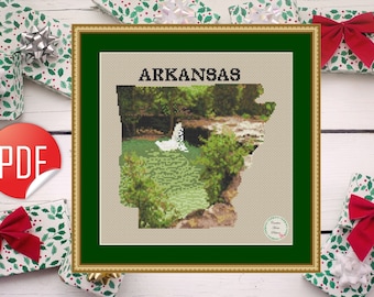 Arkansas state cross stitch pattern, nature counted cross stitch chart, river, forest, waterfall, easy landscape embroidery, instant PDF