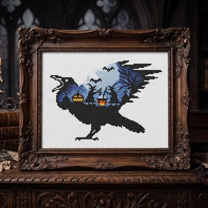 Gothic Crow Cross Stitch Pattern Witches Cauldron Embroidery Chart Spooky Blue Night Sky Silhouette Needlepoint Halloween PDF