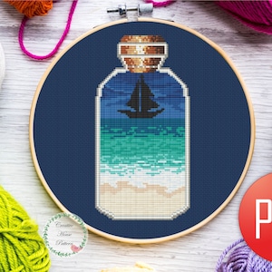 Ship in a Bottle Cross Stitch Pattern – Nautical Cross Stitch PDF, Ocean Theme Embroidery Pattern, DIY Gift for Sailors and Sea Lovers