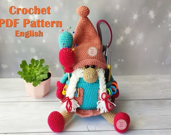 Gnome crochet pattern in English, crochet organizer doll, home decor, amigurumi gnome, crochet hooks holder, amigurumi pattern toy