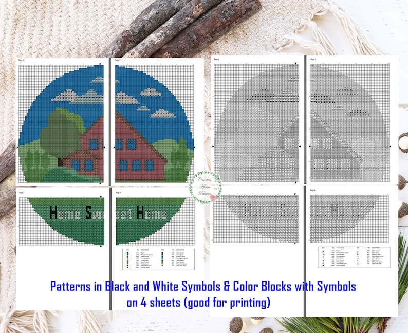 May include: Four printable sheets of a cross-stitch pattern for a home sweet home design. The pattern includes a house, a tree, clouds, and the words "Home Sweet Home".