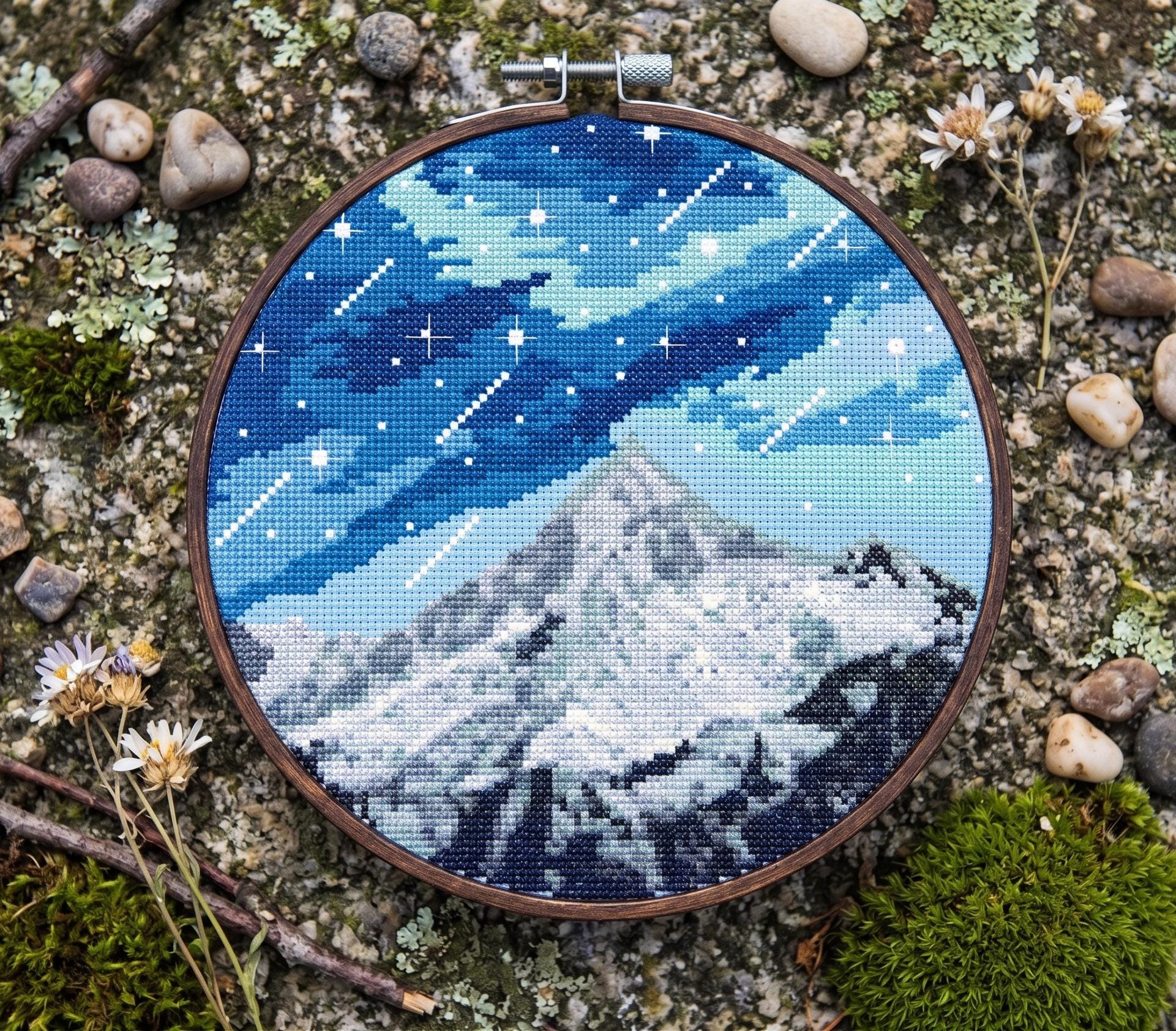 Starry Sky Mountain Cross Stitch Pattern, Night Landscape Embroidery ...