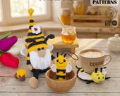 Bee Crochet Pattern Bundle 3in1, Summer Gnome, Mug Rug, Coaster, Lip Balm Holder Keychain PDF, Amigurumi Tutorial