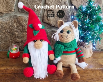 Christmas Gnome and Horse Crochet Pattern Bundle, Holiday Amigurumi PDF Tutorials, Xmas Festive Toy Shelf Decor DIY Gift Set