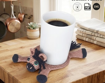 Pferd Untersetzer Häkelanleitung, PDF, Amigurumi Pferd Mug Rug, DIY Bauernhof Tier Becherhalter, Anleitung auf Englisch