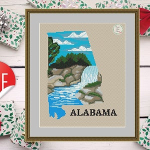 Alabama State Cross Stitch Pattern - Beautiful DIY Embroidery of Southern Scenery, Waterfall nature counted cross stitch, instant PDF