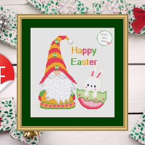 Easter Gnome Cross Stitch Pattern - PDF Download, Whimsical Spring Decoration, Happy Easter Embroidery Design, Easter Bunny Cross Stitch