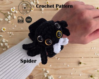 No-Sew Crochet Spider Slap Bracelet Pattern, Velvet Amigurumi Slap Band, Spooky Animal Bookmark, Bag Charm DIY PDF, Halloween Gift