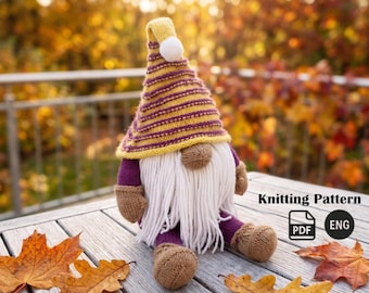 Autumn Gnome Knitting Pattern, Striped Tall Hat Gonk Tutorial, Knitted Fall Shelf Sitter, Hygge Home Decor DIY, Small Nordic Tomte Pattern