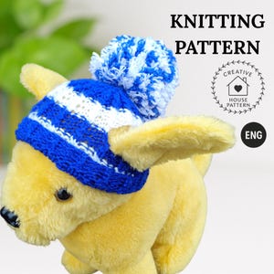 Knitting pattern dog hat, modern knitting pattern PDF English, pom-pom dog hat, knit dog hat pattern, knitted dog hat, knit pet hat easy