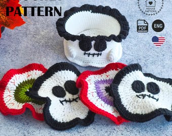 Halloween ghost coaster crochet pattern in English, spooky skull applique, scary eyeball drink coaster, crochet Halloween decor PDF tutorial