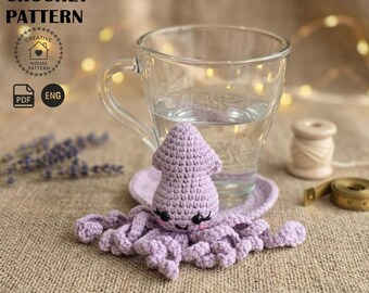 Crochet Squid Coaster Purple Cotton Drink Mat, Amigurumi Desk Decor Unique Coffee Lover Gift