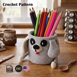 Pot à crayons chien Amigurumi, modèle PDF au crochet, anglais, joli organisateur de bureau, modèle Amigurumi chien, animal au crochet DIY, téléchargement immédiat