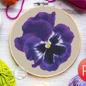 Violet Flower Cross Stitch Pattern, Floral Embroidery, Modern Cross Stitch, Instant Download PDF, DIY Needlepoint, Counted Cross Stitch