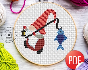 Fishing Gnome Cross Stitch Pattern, Cute Angler Gnome PDF Chart, Nautical Embroidery Design, Lake House Decor, Digital Download