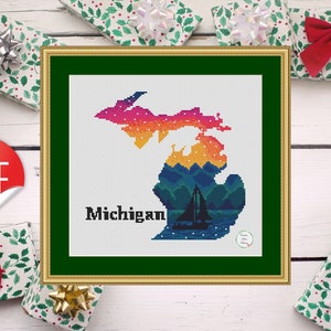 Michigan State Cross Stitch Pattern, Scenic Michigan Design with Lakes and Trees, Digital PDF, Modern Landscape embroidery