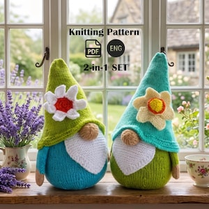 May include: Two knitted gnome figures with conical hats and flower accents. One gnome has a green hat and a white and red flower, the other has a teal hat and a yellow and orange flower. The text "Knitting Pattern" and "2-in-1 SET" is visible.