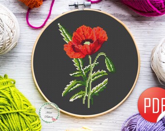 Red flower cross stitch pattern, floral counted cross stitch, nature hoop art embroidery, instant PDF, small x-stitch