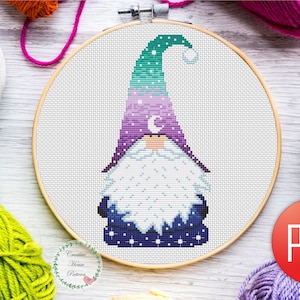Christmas Gnome Starry Night Cross Stitch Pattern - PDF Download, Festive Holiday Gnome Embroidery, Winter Starry Sky Cross Stitch Decor