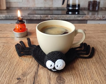 Spider Coaster Crochet Pattern, Halloween Mug Rug, Spooky Coffee Decor, Amigurumi Spider, Easy Crochet PDF
