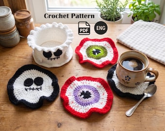 Ghost coaster crochet pattern PDF, Spooky skull mug rug, Scary eyeball cup holder, Crochet Halloween decor