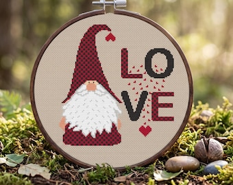 Valentine Gnome Love Cross Stitch Pattern: Heart Embroidery (PDF Pattern)