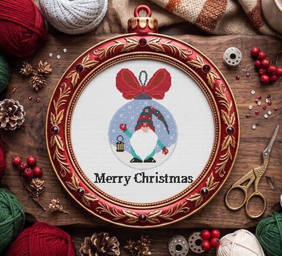 Gnome Cross Stitch Pattern Christmas Ornament PDF, Winter Embroidery Design, Xmas Tree Decor, Modern Needlepoint