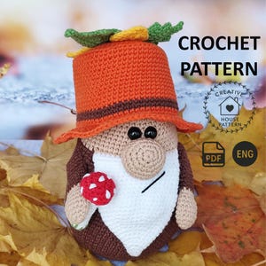 Autumn gnome crochet pattern PDF English, Amigurumi gnome pattern, gnome crochet, crochet Autumn leaves, Mushroom crochet pattern