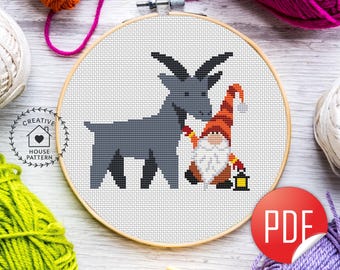 Gnome and His Goat Cross Stitch Pattern, Funny Farm Animal Gnome Design, Rustic Country Needlepoint Chart, Cute Scandinavian Embroidery