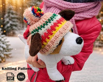 Dog hat knitting pattern PDF English, pom-pom dog hat pattern, knit dog hat pattern, modern knitting pattern, knitted dog hat, knit pet hat
